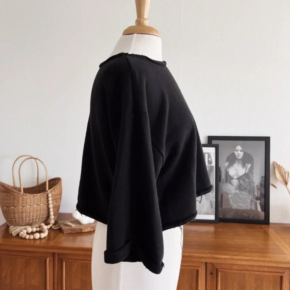 BLACK DISTRESSED CROPPED SWEATSHIRT TOP #0327 - Picture 5 of 8